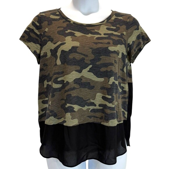 Camo Tops - Express Women’s Size L Top Camouflage & Black Semi-Sheer Short Sleeve Shirt